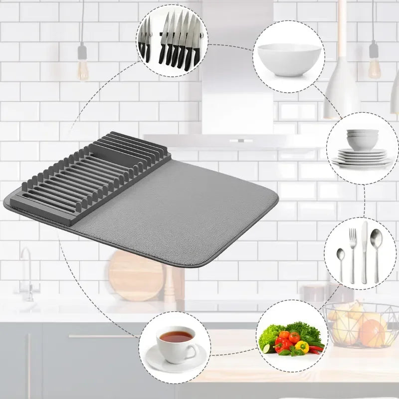 Dish Drying Mat with Drain Rack – Absorbent Kitchen Counter Mat