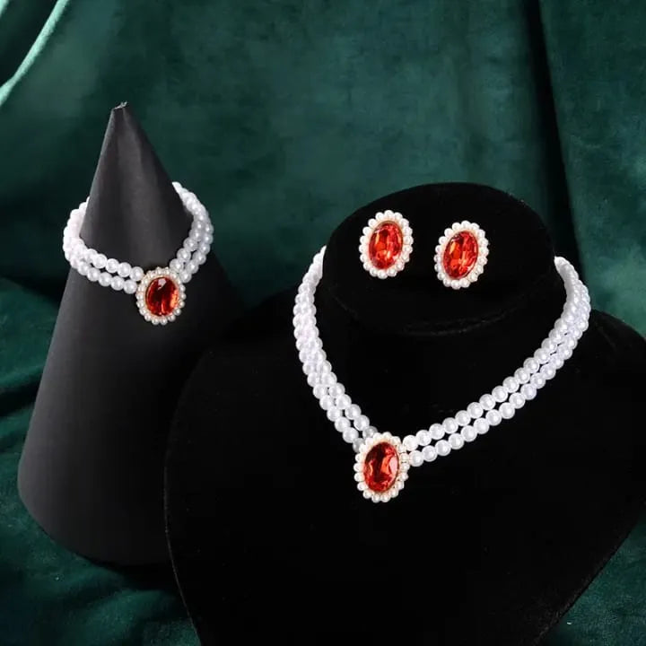 Stone Pearl Combo Jewelry Set – Necklace, Stud Earrings & Bracelet